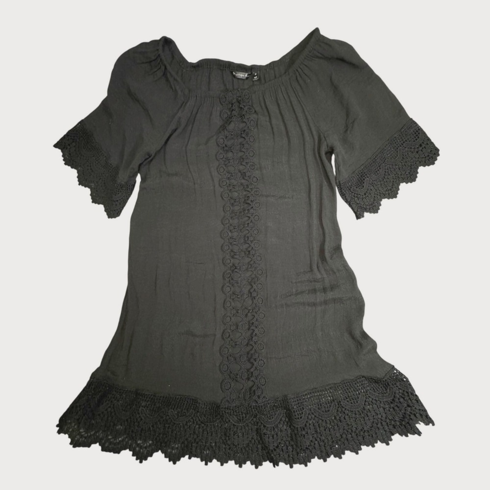 Mystique Aura Black Crochet Lace Trim‎ Mini Dress M Boho Scoop Neck